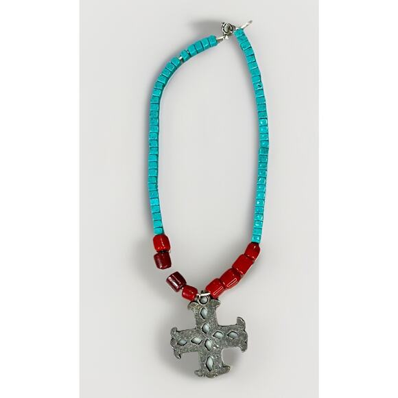 VTG Native American Turquoise & Red Coral Cross Necklace Sterling Silver Pendant - Picture 8 of 15